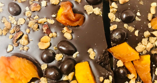 Dark Chocolate Bark with Peach, Hazelnut Croquant & Chocolate-Covered Cocoa Nibs (4 oz.)-OL